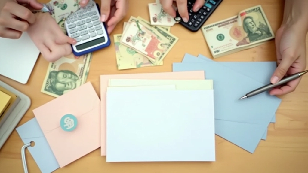 Colorful envelopes with Hong Kong dollar notes and calculator on wooden desk, organized budgeting system