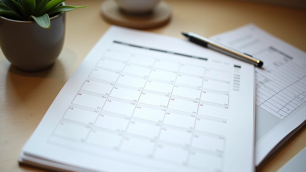 Calendar page open on desk with pen and notebook for weekly budget review planning