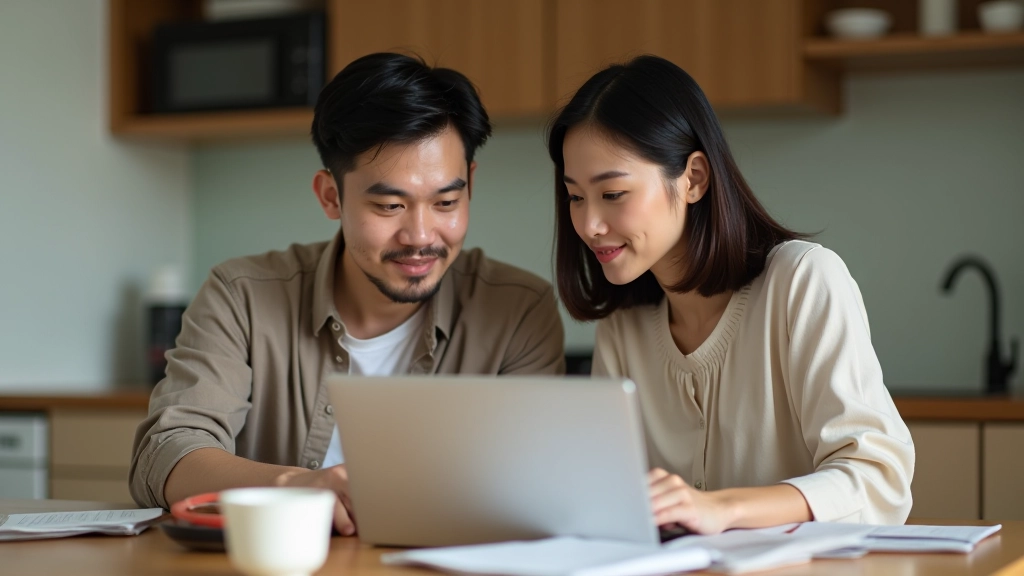 Couple's hands pointing at laptop showing envelope categories and spending allocation