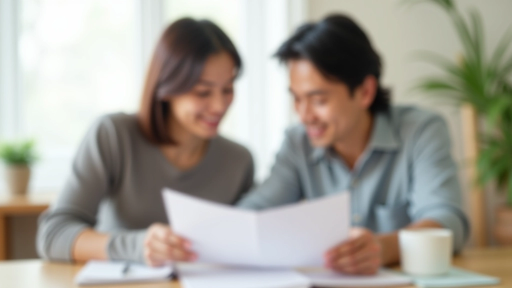 Couple reviewing financial planning document together, discussing budget allocation with calm conversation at home table