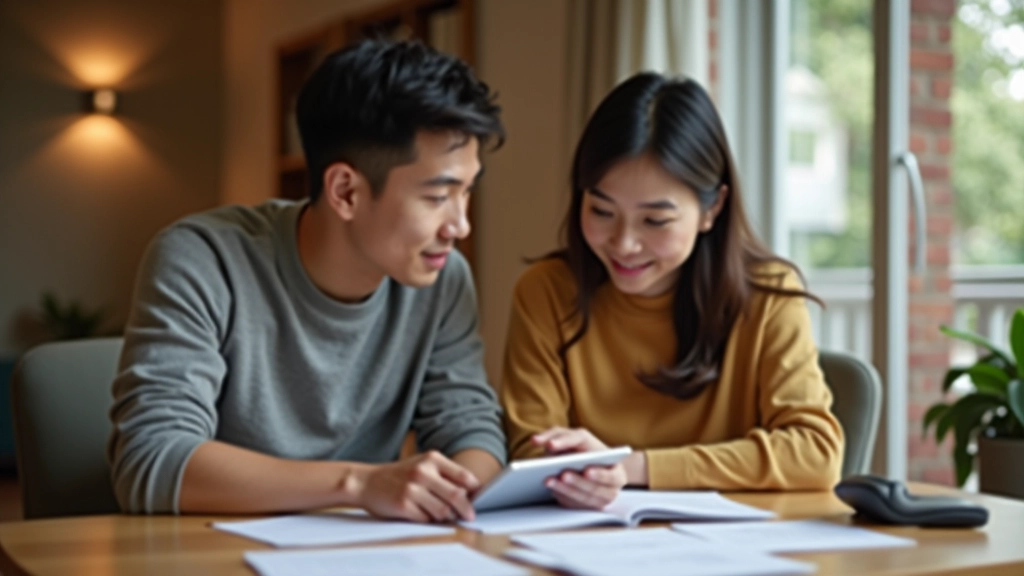 Two people sitting together reviewing financial documents and envelope tracking on digital device