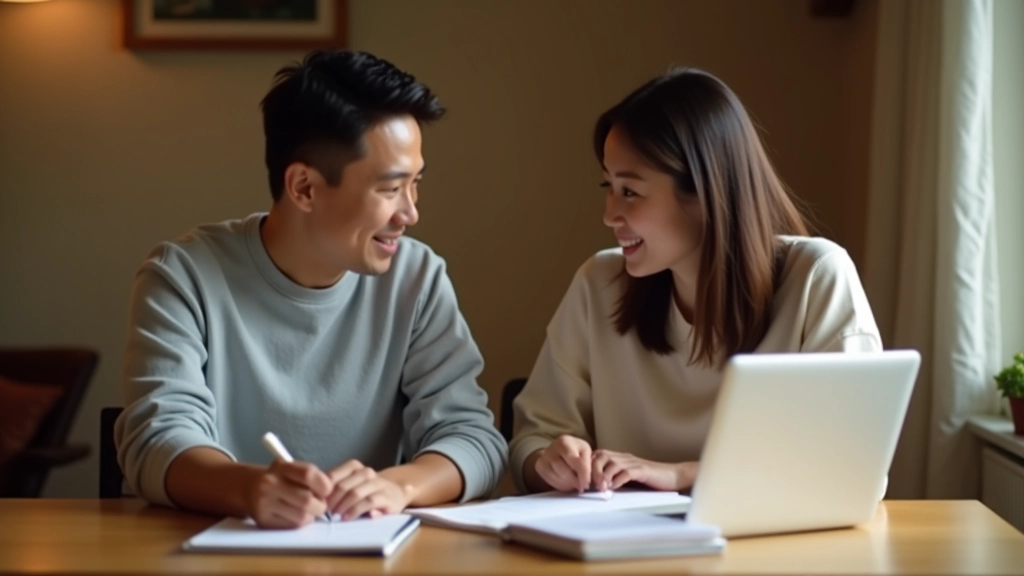 Couple reviewing budget together with laptop, discussing spending decisions and envelope categories at home