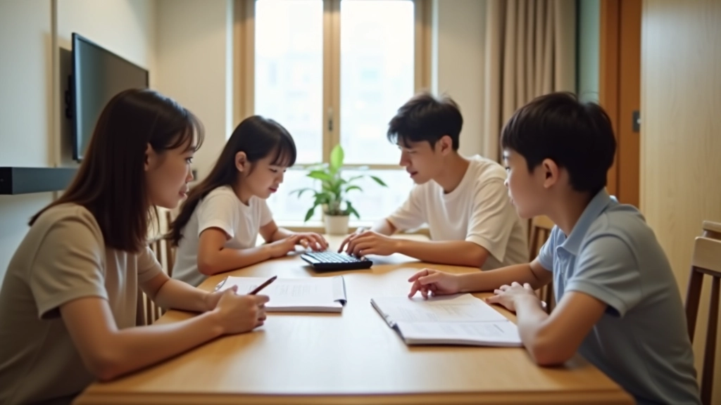Family reviewing budget plan together with notebook and calculator at dining table, Hong Kong apartment setting, natural daylight