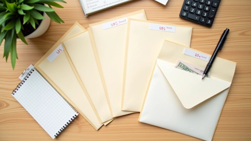 Organized envelope system with labeled categories showing monthly budget breakdown for rent transport groceries dining