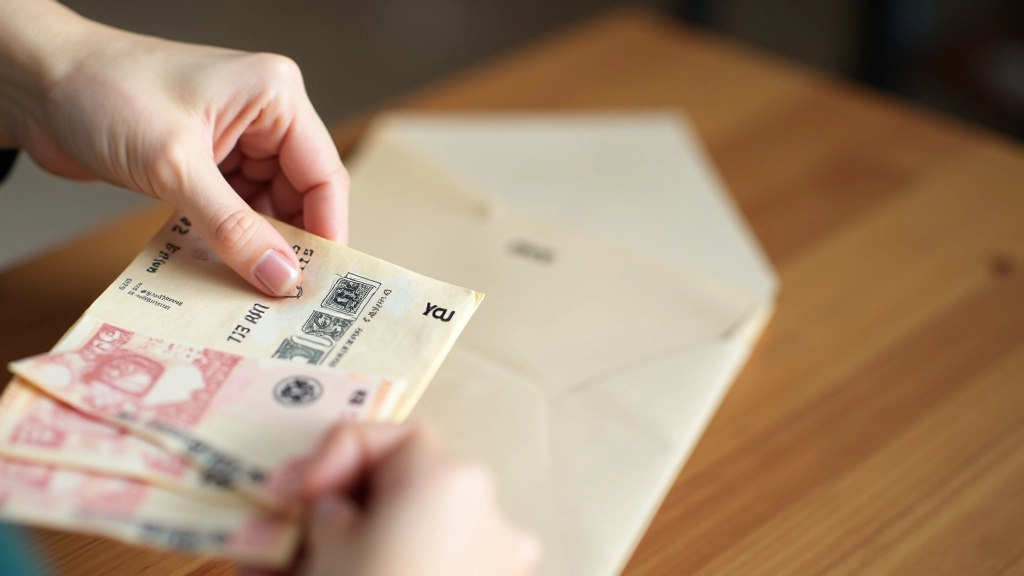 Hand organizing multiple labeled envelopes with Hong Kong currency and expense categories written on them