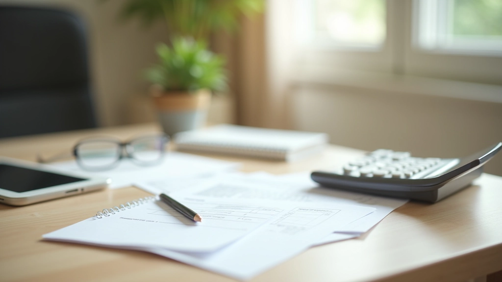 Modern home office workspace with budgeting tools, calculator, notebook, and financial planning documents on clean desk