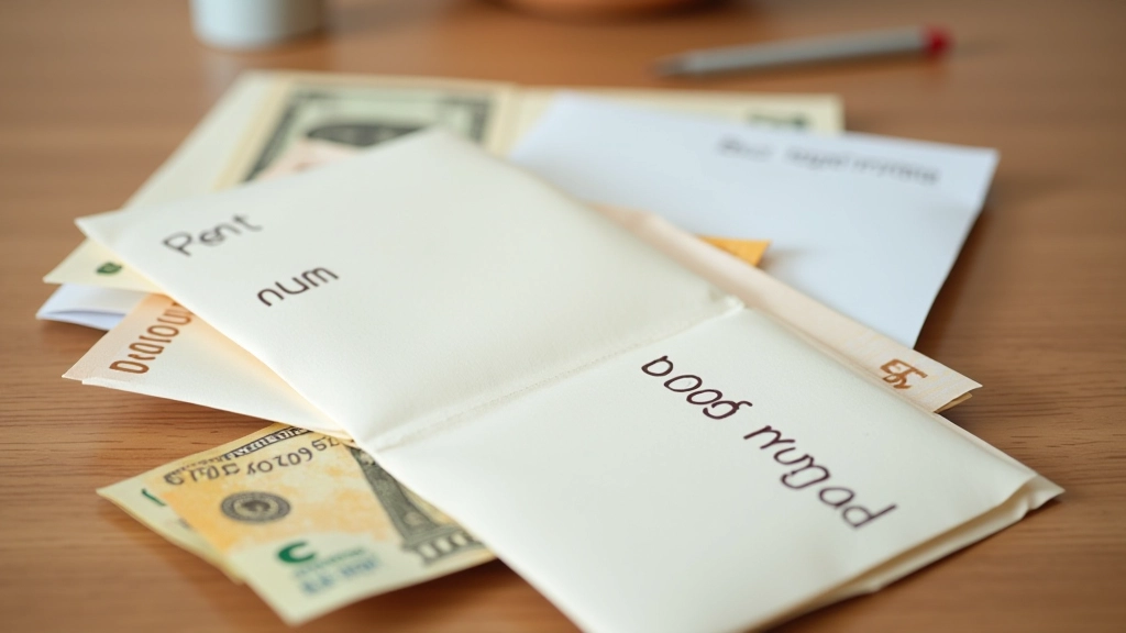 Organized cash envelopes labeled with budget categories neatly arranged on wooden desk surface with Hong Kong dollar notes visible