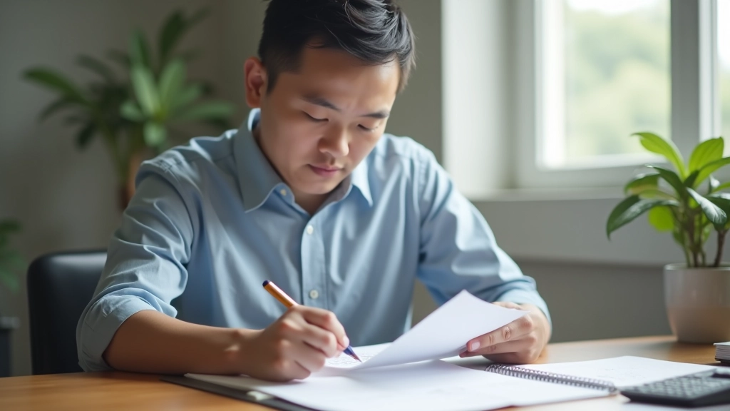 Person at desk reviewing budget notebook and calculator with organized finances, demonstrating envelope budgeting system review