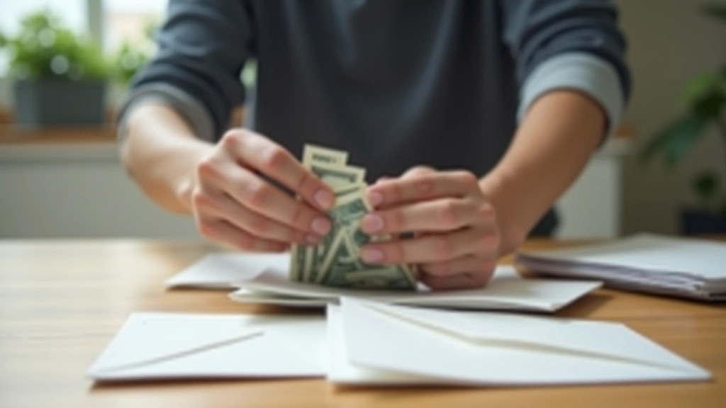 Person dividing cash into different envelope piles, showing allocation of money